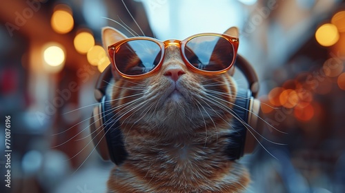 Chick with sunglasses and headphones enjoys some tunes. Generative Ai