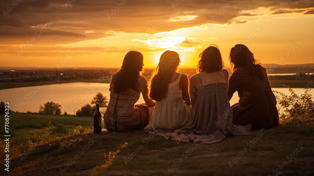Romantic and sentimental idea of a group of female friends enjoying a sunset while cuddling up in the great outdoors - friendship and independence for travelers