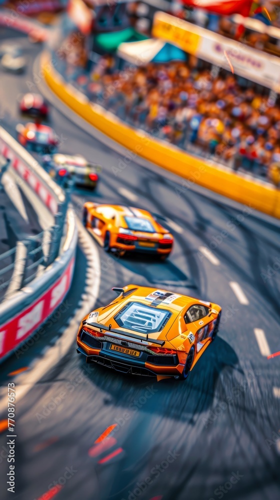 A tilt-shift lens captures the spectacle of a speedway race, making the ...