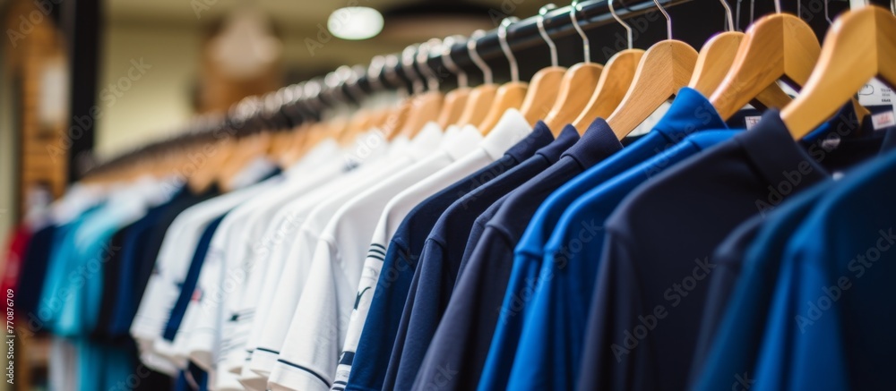 A display of sportswear shirts in electric blue hues, hung on clothes hangers, showcasing fashion design at a store event. The denim pieces add an artistic touch to the recreationthemed collection A display of sportswear shirts in electric blue hues, hung on clothes hangers, showcasing fashion design at a store event. The denim pieces add an artistic touch to the recreationthemed collection