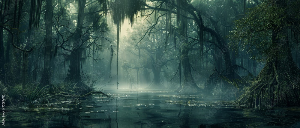 Obraz premium Mysterious foggy swamp with ancient trees, their branches hanging low, reflecting in the calm water under the eerie light.