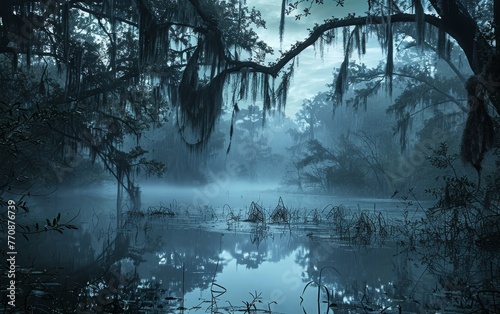 Foggy swamp landscape with cypress trees draped in Spanish moss.