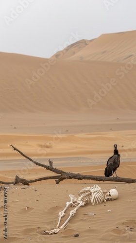 A vulture stands sentinel over a bleached human skeleton in a stark desert landscape. © Volodymyr