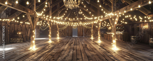 Wallpaper Mural Rustic barn wedding interior, twinkling string lights and wooden beams, cozy 3D illustration Torontodigital.ca