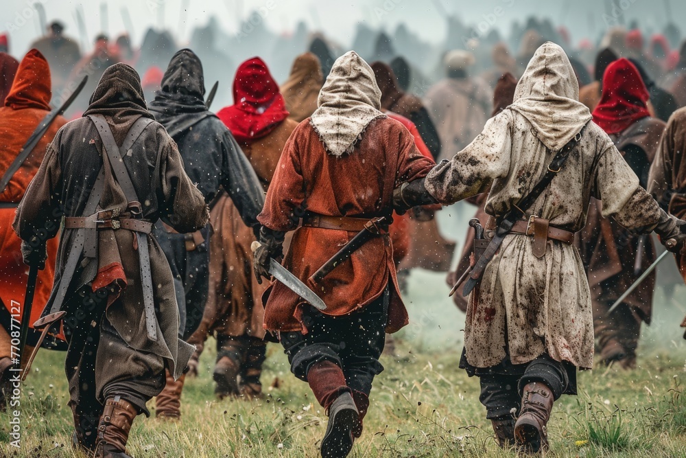 Dramatic depiction of a historic battle reenactment with participants in authentic medieval costumes and weaponry Dramatic depiction of a historic battle reenactment with participants in authentic medieval costumes and weaponry