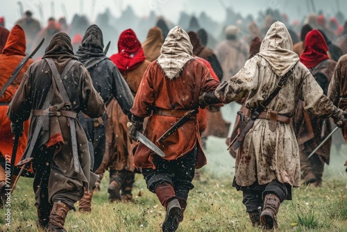 Dramatic depiction of a historic battle reenactment with participants in authentic medieval costumes and weaponry