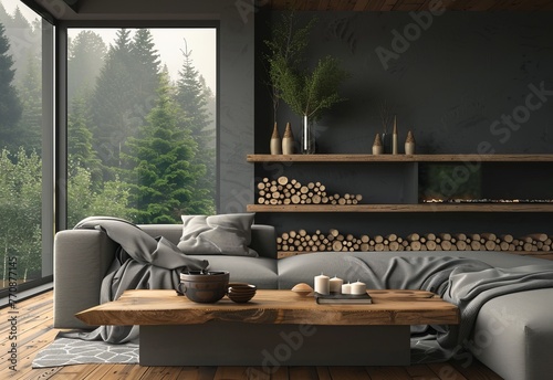 A modern living room with an elegant wooden coffee table, grey sofa and large window overlooking the forest