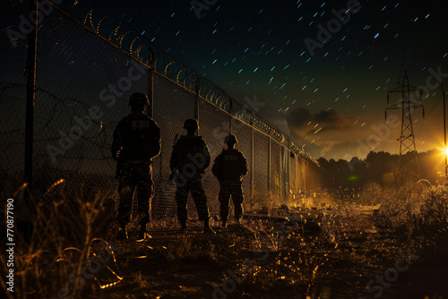 Three soldiers stand behind a chain link fence photo