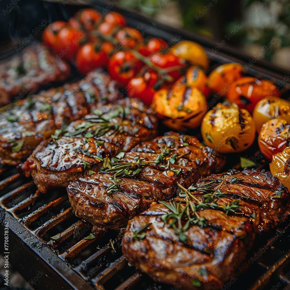 A grill with meat and vegetables on it ai technology A grill with meat and vegetables on it ai technology