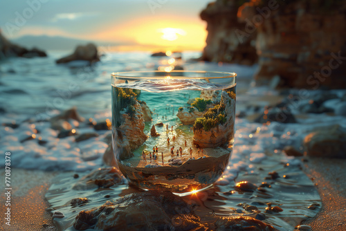 A cup with a lagoon inside with a beach and people having a rest.