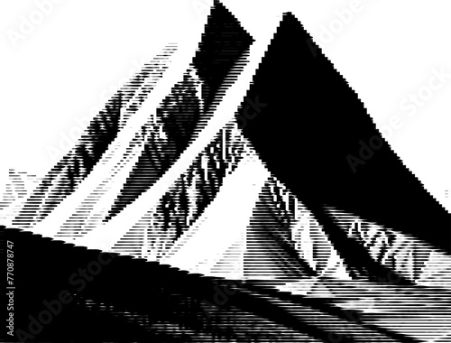 Artistic rendition of mountains with variable-width grayscale stripes.