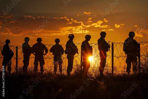 A group of soldiers stand in a line, with the sun setting behind them