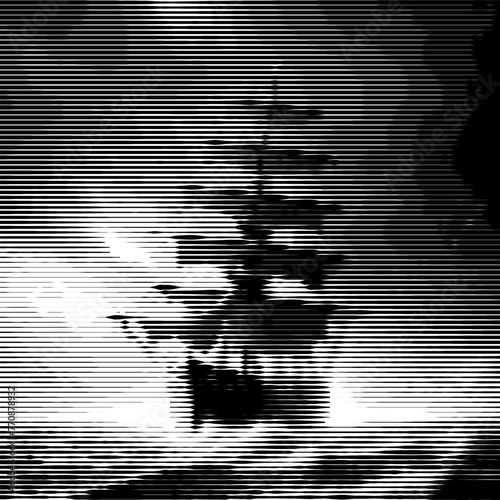 A storm-tossed ship, abstracted into monochromatic line art.