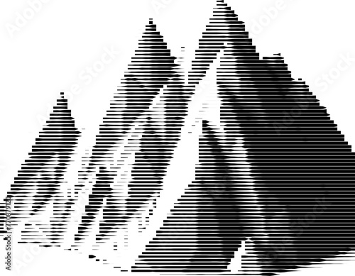 Abstract striped representation of low-poly mountainous terrain.