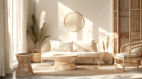 Coastal style room in light pastel hues with rattan furniture