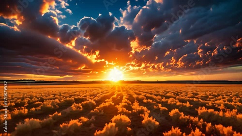 A stunning photograph capturing the sun as it dips below the horizon, casting a warm, golden light over a sprawling field, Spectacular sunset over the field, AI Generated photo