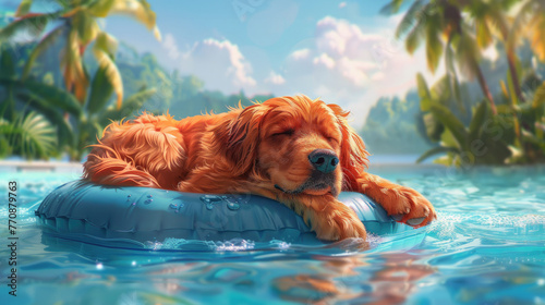 Cartoon golden retriever dozing on a pool float, whimsical waterpark background, vibrant, joyous mood