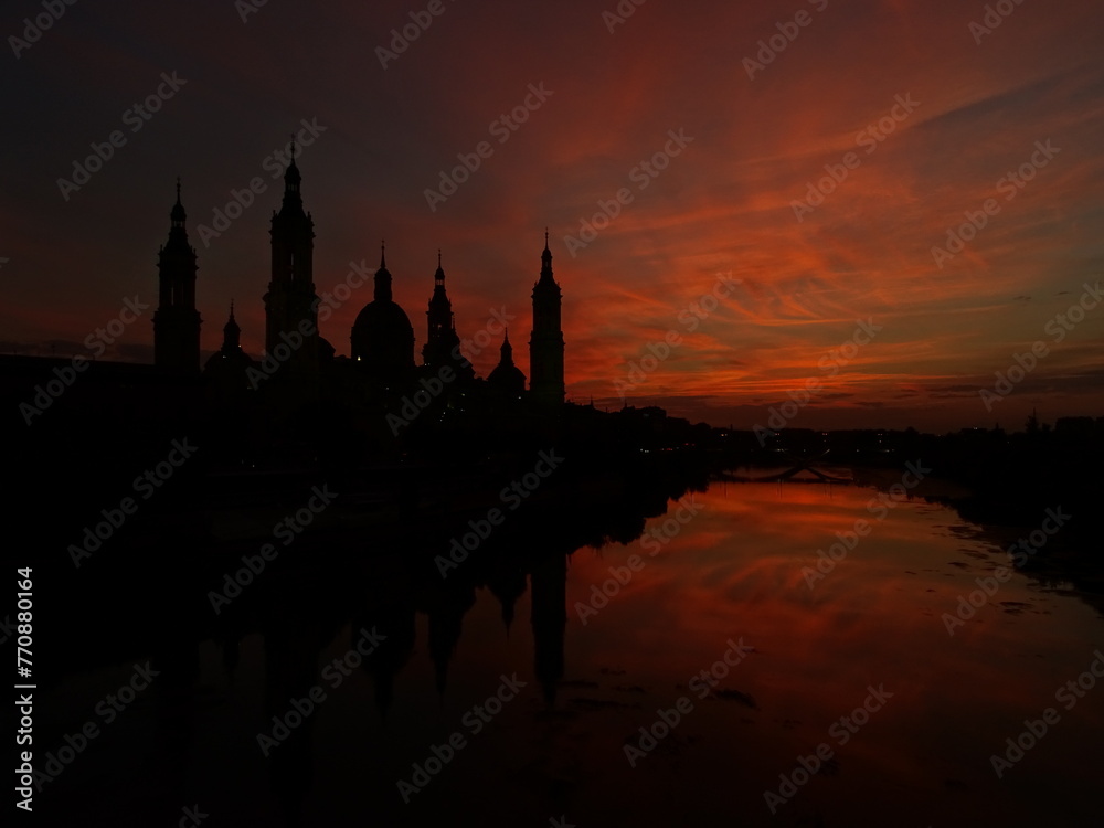 Beautiful Sunset  in Zaragoza  with view to Ebro river and Pilar Cathedral