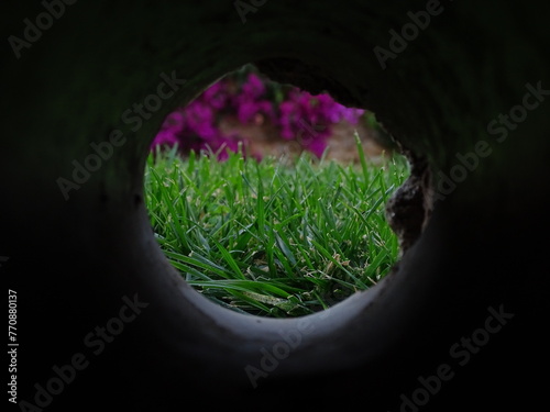 Hole with looks to a grass garden with flowers in the back in Costa Brava Begur  close shot eye level
