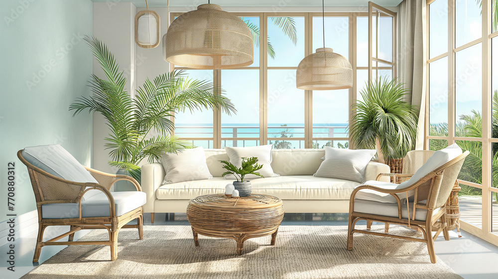 Coastal style room in light pastel hues with rattan furniture - obrazy, fototapety, plakaty 
