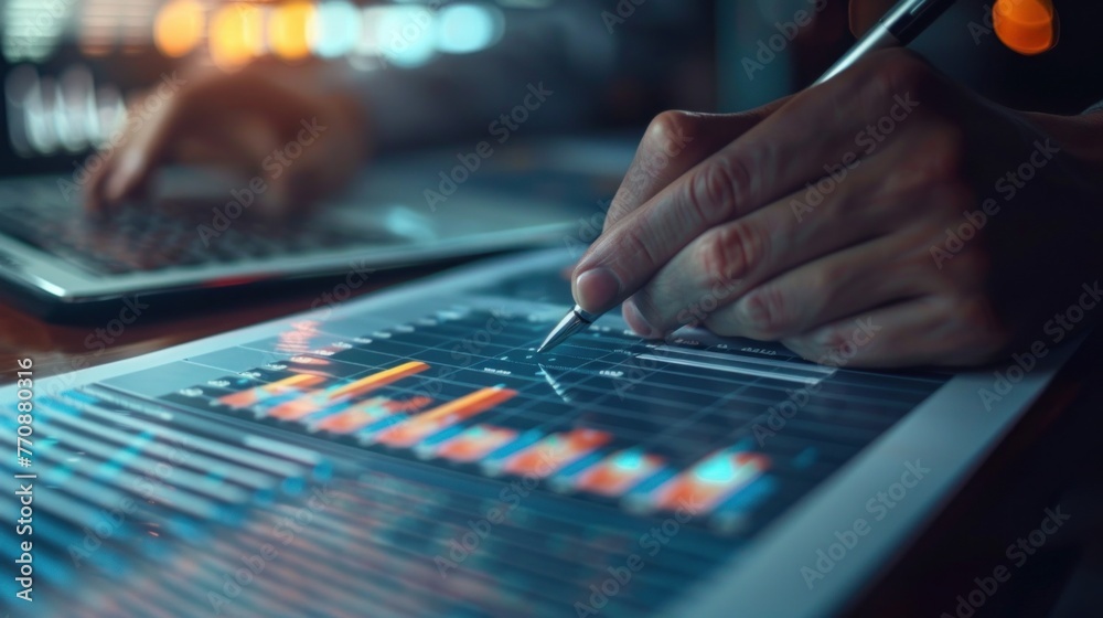 analysis working with the latest financial results. Analysis of sales forecast graphs, financial accounting with hand writing Abstract digital effect for background