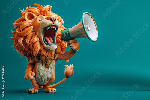 Lion screaming on megaphone in solid green background