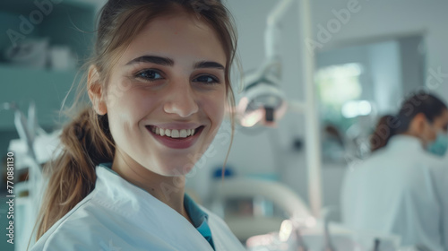 A woman in a white lab coat is smiling at the camera