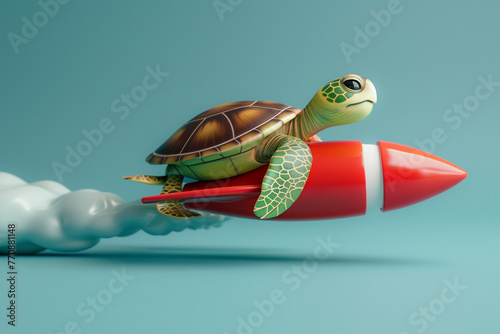 3D caricature of a turtle on a rocket, capturing the essence of adventure with a minimalist background.