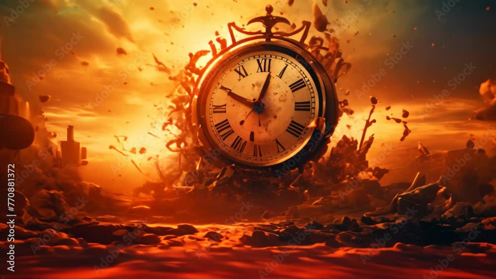 A striking image of a massive clock placed atop a mound of destroyed debris in a decaying cityscape, Time getting destroyed, AI Generated