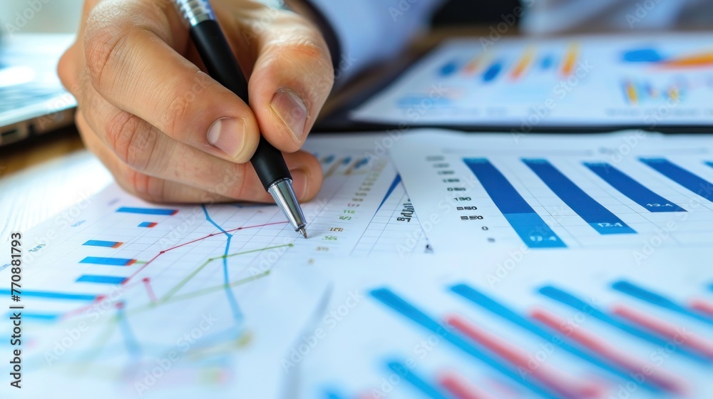 analysis working with the latest financial results. Analysis of sales forecast graphs, financial accounting with hand writing Abstract digital effect for background