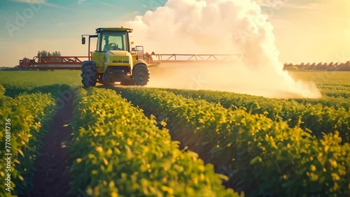 A tractor is seen spraying pesticide on a vivid green field, Tractor spraying pesticides fertilizer on soybean crops farm field in spring evening, AI Generated photo