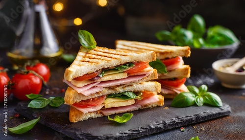 Grilled panini with ham, red tomatoes, cheese and basil. Tasty fast food on table. Delicious meal.