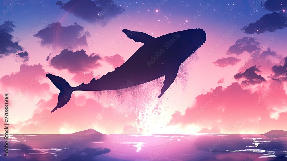 クジラと幻想的な夕焼け_1 - obrazy, fototapety, plakaty 