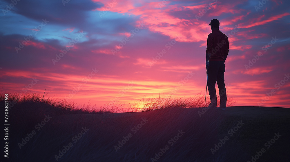 A golfer enjoys a relaxing round of twilight golf at a resort club, with the setting sun casting long shadows across the fairways and painting the sky in shades of pink and orange,