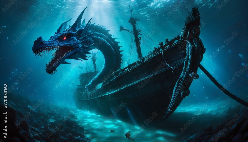 an underwater blue dragon sea creature swimming around a shipwrecked ship - obrazy, fototapety, plakaty 