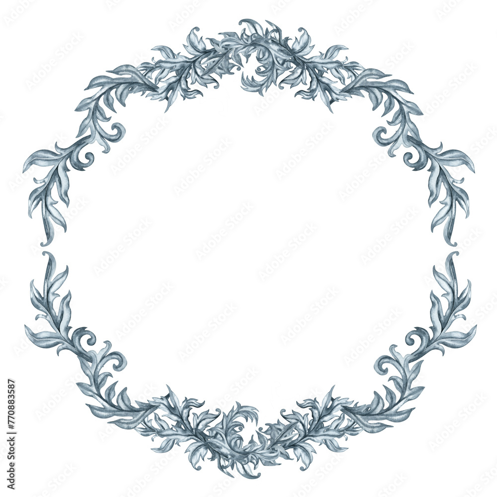 Watercolor monochrome gray round frame of abstract plant patterns and branches with leaves for borders, frames, background, textiles, fabrics, cards, stickers, scrapbooking, invitations, greetings