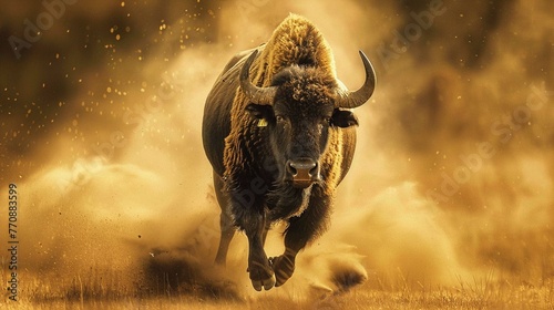 running buffalo with dust in background
