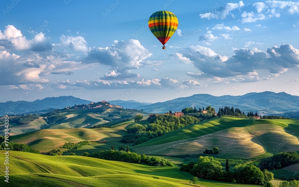 A colorful hot air balloon floats serenely over a lush green countryside dotted with trees.