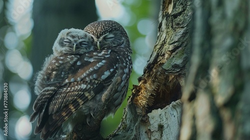 Sleeping owl with baby on a tree trunk in the forest