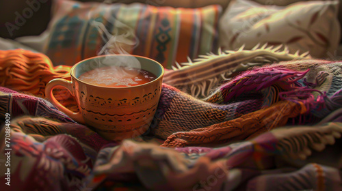 A steaming mug of tea or coffee nestled in someones hands photo