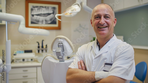 A smiling dentist in a lab coat poses in a dental clinic.