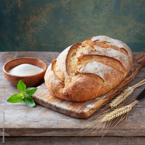 Baker's Bounty: Fragrant Bread and Wheat Sprigs Arranged on Wood