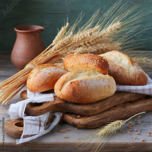 Farmhouse Fare: Aromatic Bread Loaf and Wheat Ears on a Wooden Table