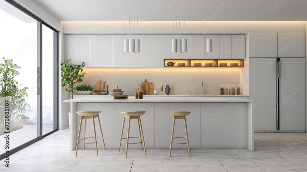 Chic minimalist kitchen with a central island and hanging pendant lights, offering a stylish space for culinary creativity, minimalism bright kitchen interior