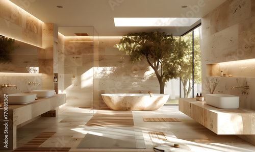 The bathroom in the house has a tub, sinks, mirrors, and a tree in the middle. The flooring is made of hardwood, giving a natural touch to the room