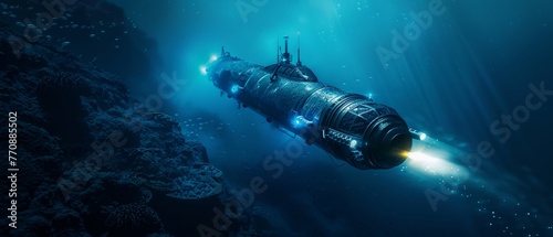 A bathyscaphe floats just above a colorful coral reef teeming with fish. photo