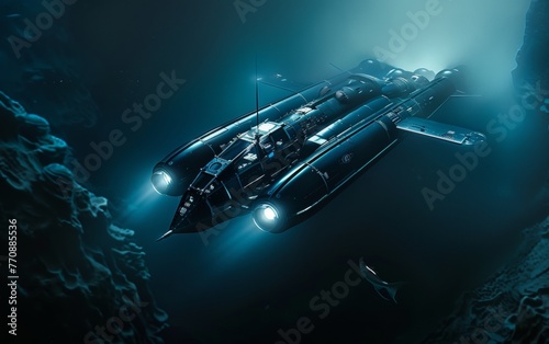 An advanced futuristic submarine ventures into the deep blue ocean, illuminating the underwater world. © Valentyna