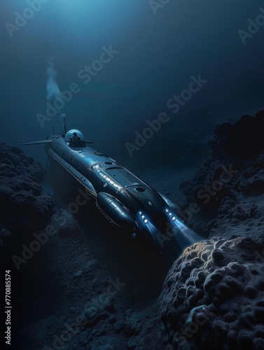 Sleek submarine gliding through the deep blue ocean with illuminated lights. photo