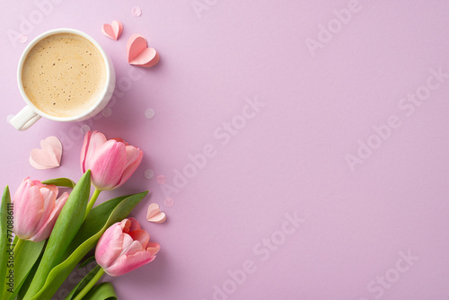 Mother's Day sophisticated scene: Top view photo of cappuccino, carnations, petite hearts, and confetti on a light violet canvas, with a section reserved for your text or advertisement