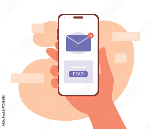 hand holding a mobile phone with an unread message icon in a trendy and modern flat style